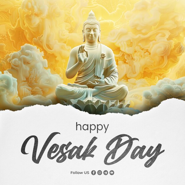 PSD un cartel para una feliz celebración del día de vesak con un buda en las nubes