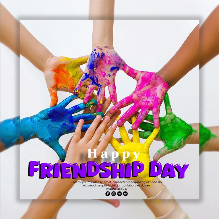 PSD un cartel con un feliz día de amistad escrito en colores púrpura y verde