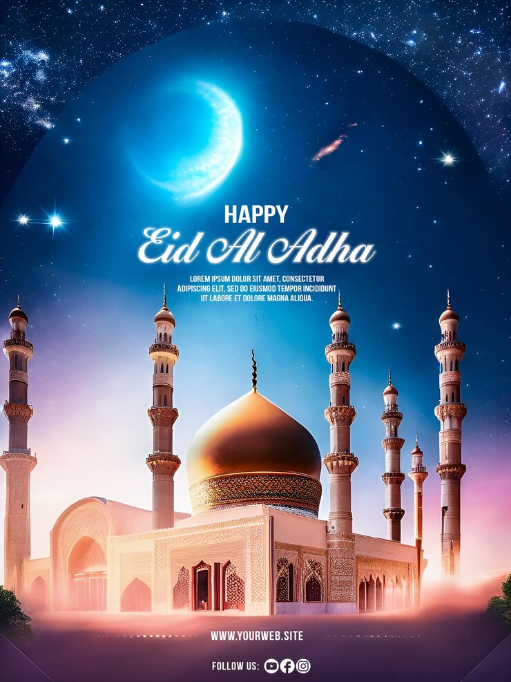 Cartel feliz de eid al adha con un fondo de mezquita de color dorado