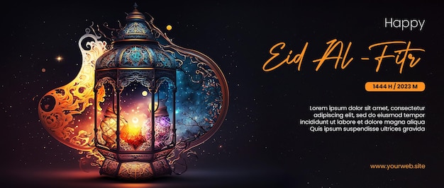 cartel feliz de eid al fitr con fondo de linterna árabe y espacio exterior