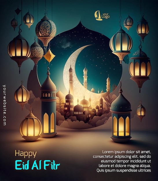 Cartel feliz eid alfitr con un fondo de linternas luna y nubes ai generativo