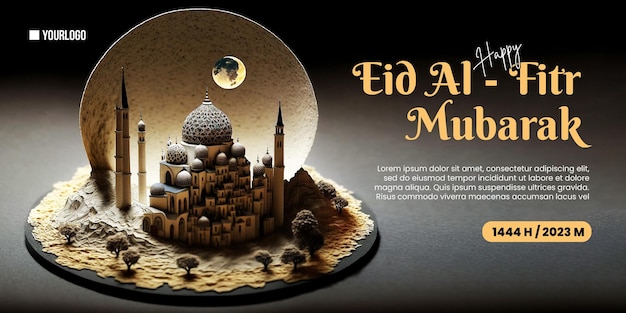 Cartel feliz de Eid AlFitr con fondo de mezquita