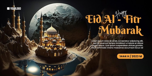 Cartel feliz de eid alfitr con fondo de mezquita