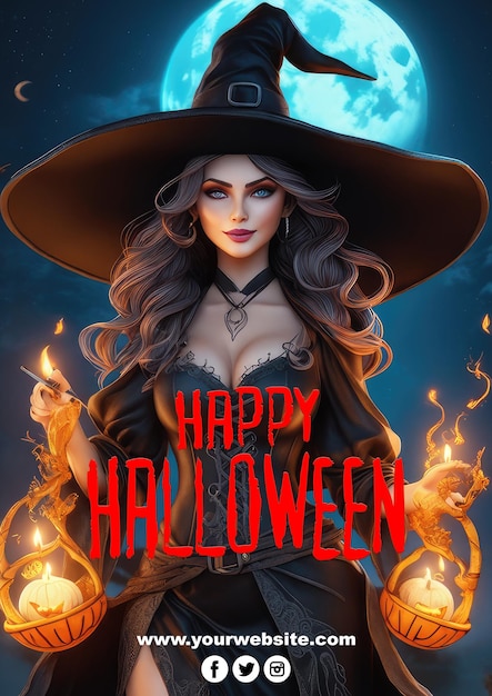 PSD cartel de feliz halloween con una bruja con sombrero psd editable para tu cartel