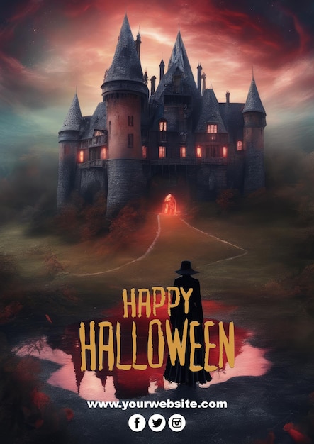 PSD cartel de feliz halloween con castillo negro y murciélagos psd editable para tu cartel