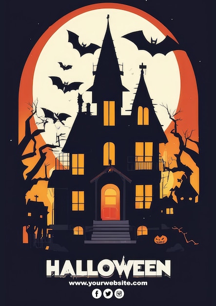 Cartel de feliz halloween con castillo negro y murciélagos psd editable para tu cartel