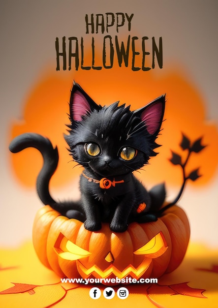 PSD cartel de feliz halloween diablo gato con calabazas psd editable para tu cartel