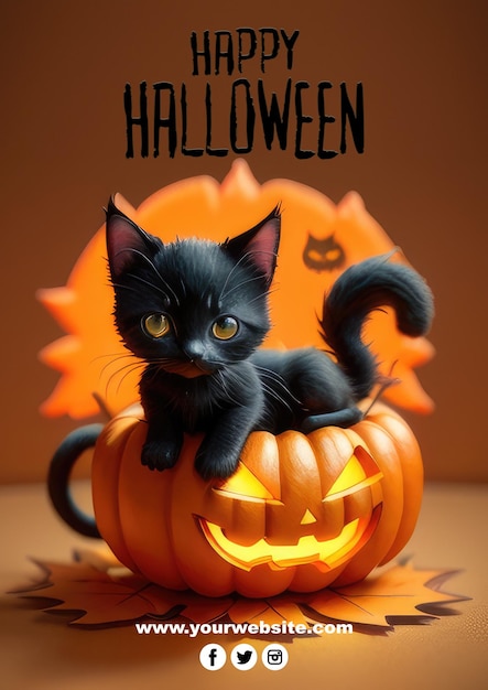 PSD cartel de feliz halloween diablo gato con calabazas psd editable para tu cartel