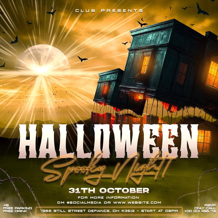 un cartel para una fiesta de Halloween con una casa en la parte superior