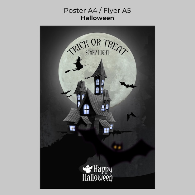 un cartel para una fiesta de Halloween con un castillo en la parte superior