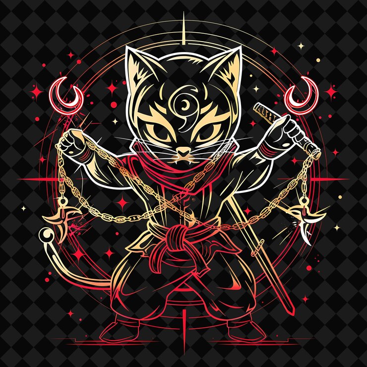 PSD un cartel de un gato con una espada y un símbolo de un dios