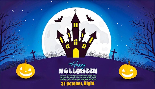 un cartel para Halloween con un castillo en la parte superior y las palabras feliz Halloween en el frente