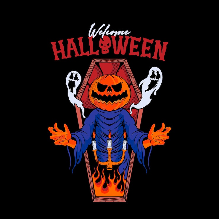 PSD un cartel de halloween con un esqueleto en la parte superior