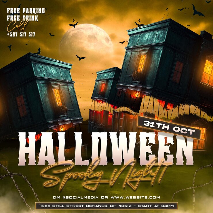 un cartel para halloween halloween con un edificio en la parte superior