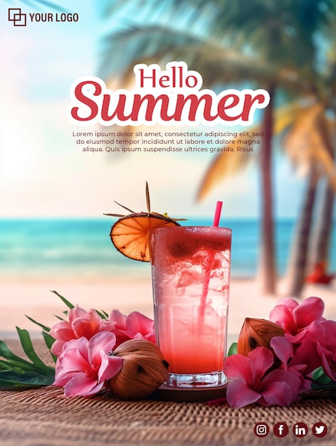 Cartel de Hello Summer Beach con copa Mocktail y árboles tropicales