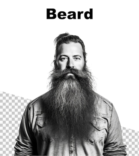Un cartel con un hombre con barba en un fondo transparente y la palabra beard en la parte superior