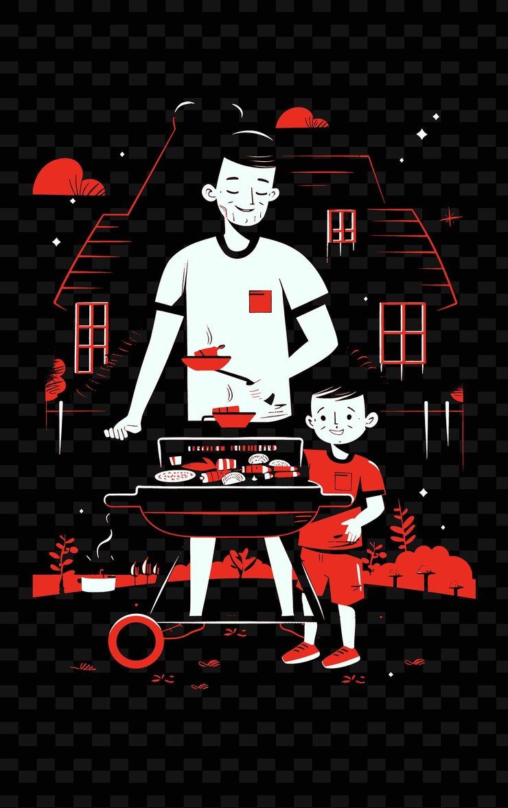 PSD un cartel para un hombre cocinando comida con un niño y un niño cocinando en una parrilla