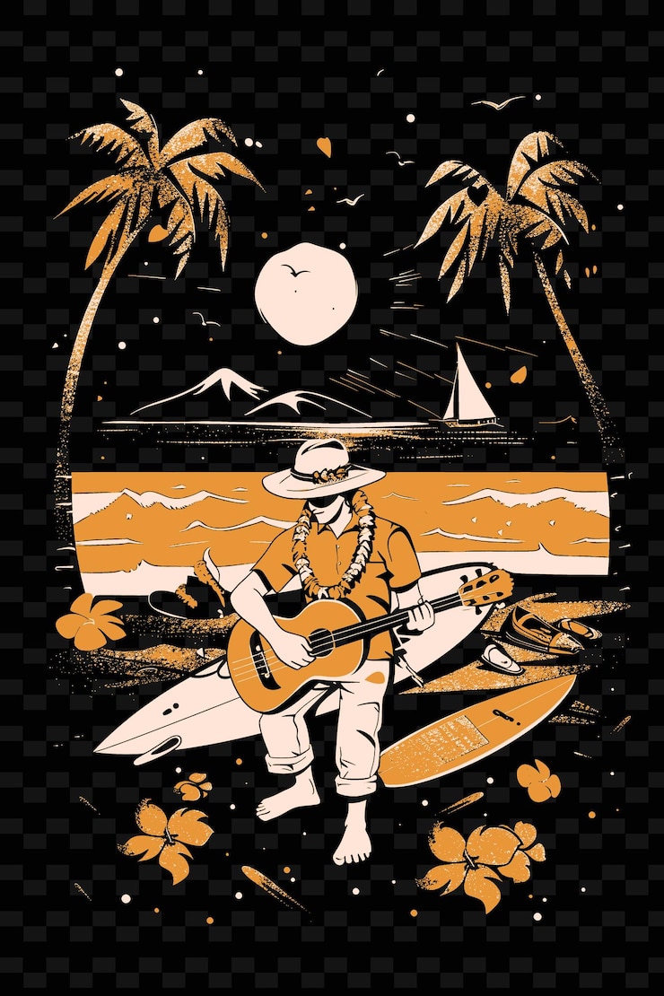 PSD un cartel para un hombre tocando la guitarra y un surfista con una luna en el fondo