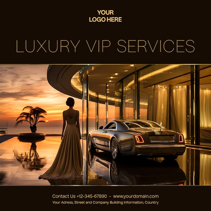 PSD un cartel para un hotel de lujo con una mujer en un vestido largo y un coche con las palabras servicio de lujo