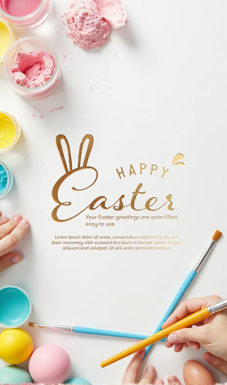 PSD un cartel de huevos de pascua con un lápiz y una mano sosteniendo un lápic