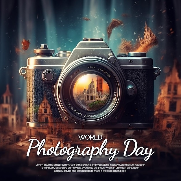 PSD cartel de ilustración de fondo realista día mundial de la fotografía ia generativa