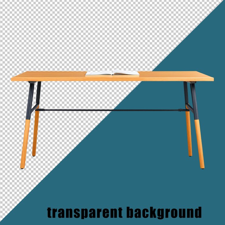 un cartel con una imagen de una mesa y una silla con un fondo azul