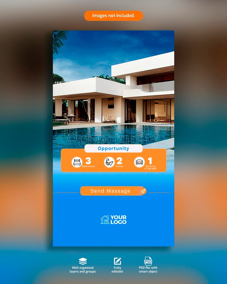 PSD un cartel inmobiliario con una hermosa propiedad de alta gama con texto que especifica los detalles de la