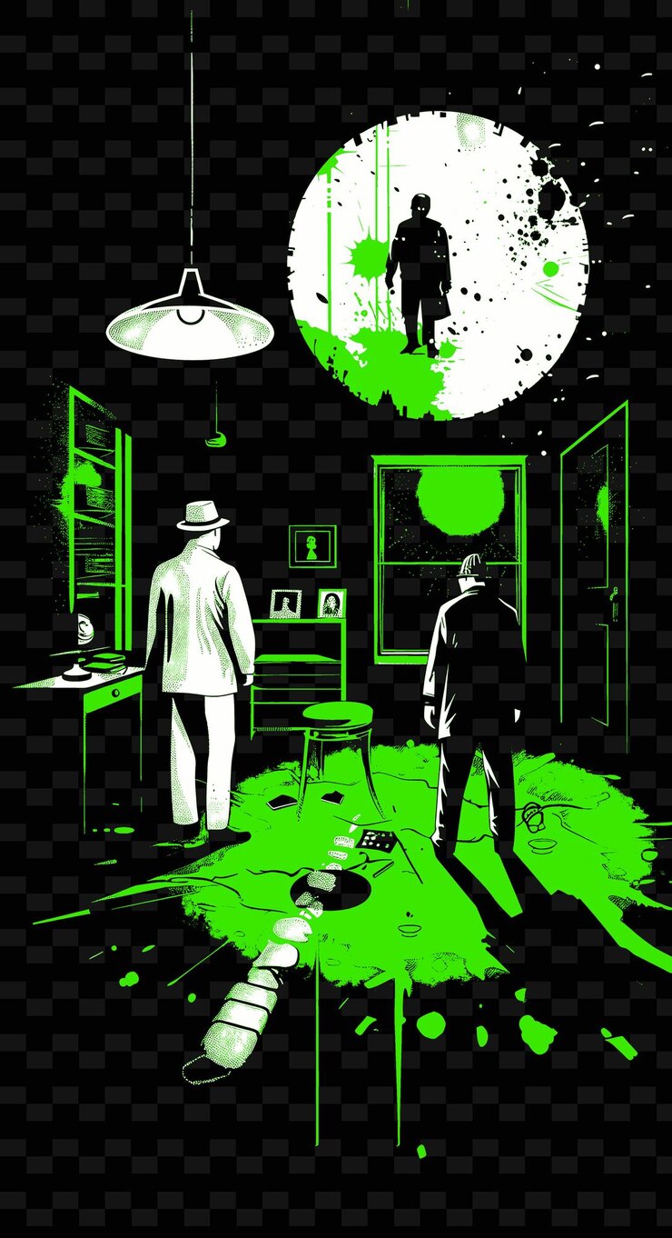 PSD un cartel inspirado en el noir con la escena del crimen y los detectives black diseña una idea de ilustración creativa