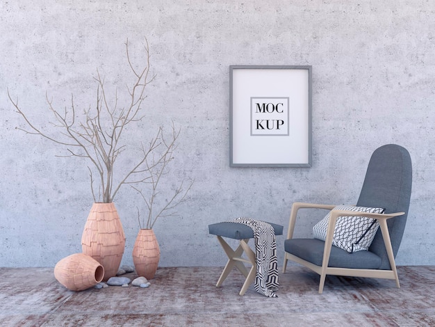 Cartel interior simulado con marco de madera cuadrado vacío, sillón gris y árbol en canasta de mimbre en habitación con pared gris. representación 3d.