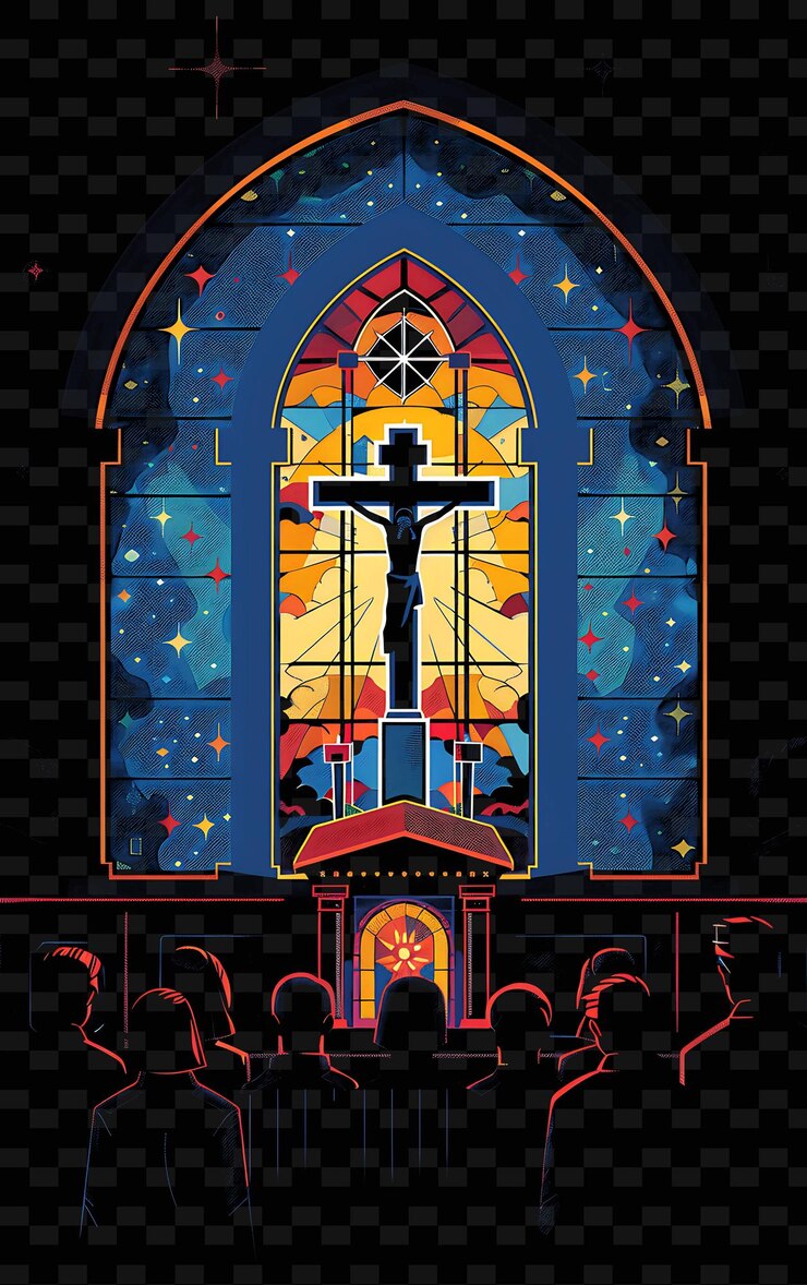 PSD un cartel de jesús se muestra en una habitación con una ventana de vidrio pintado