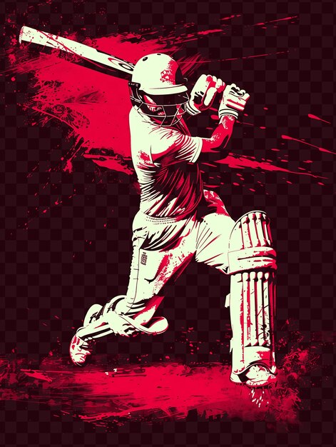 Un cartel para un jugador de cricket con un fondo rojo