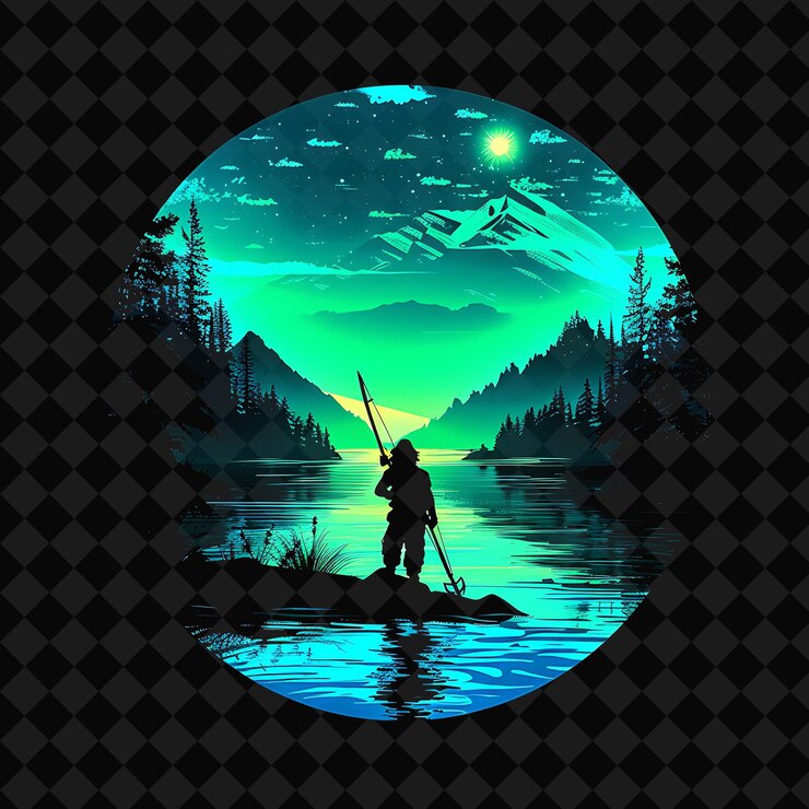 PSD un cartel para un lago de montaña con un hombre pescando en el agua