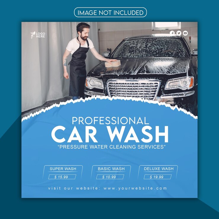 un cartel para un lavado de coches con un fondo azul