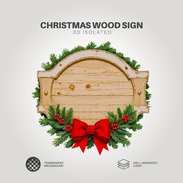 PSD un cartel de madera con una corona de navidad aislada y de fondo transparente 02