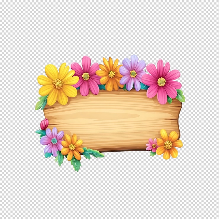 PSD un cartel de madera decorado con flores de colores