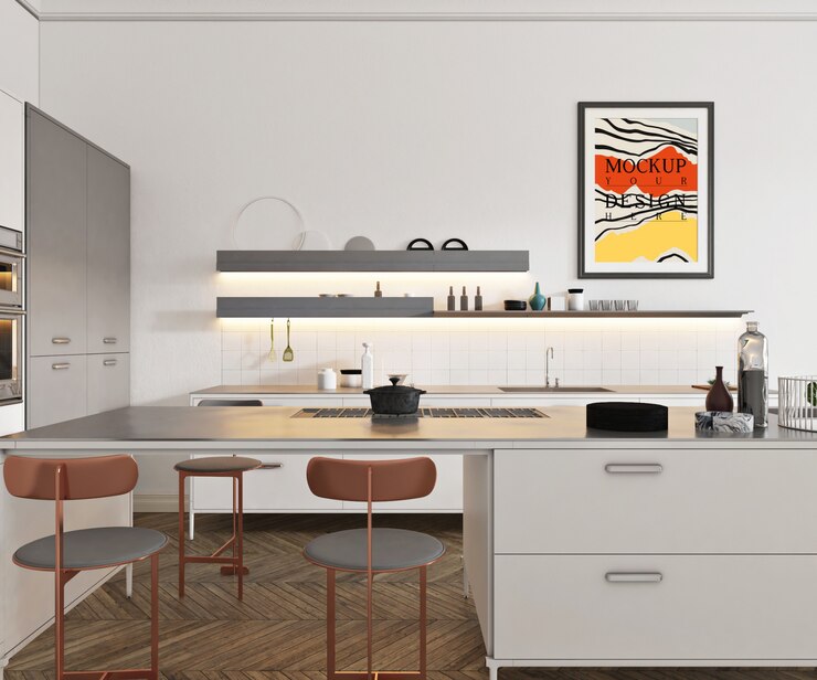 PSD cartel de maqueta en cocina abierta moderna