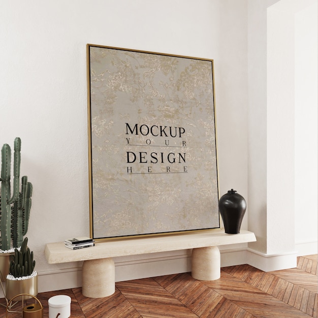 Cartel de maqueta en interior con mesa larga y maceta