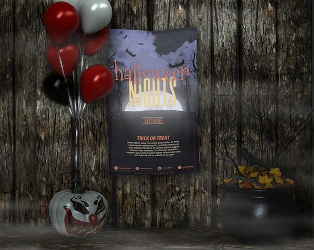 Cartel con maquetas de noche de halloween y globos