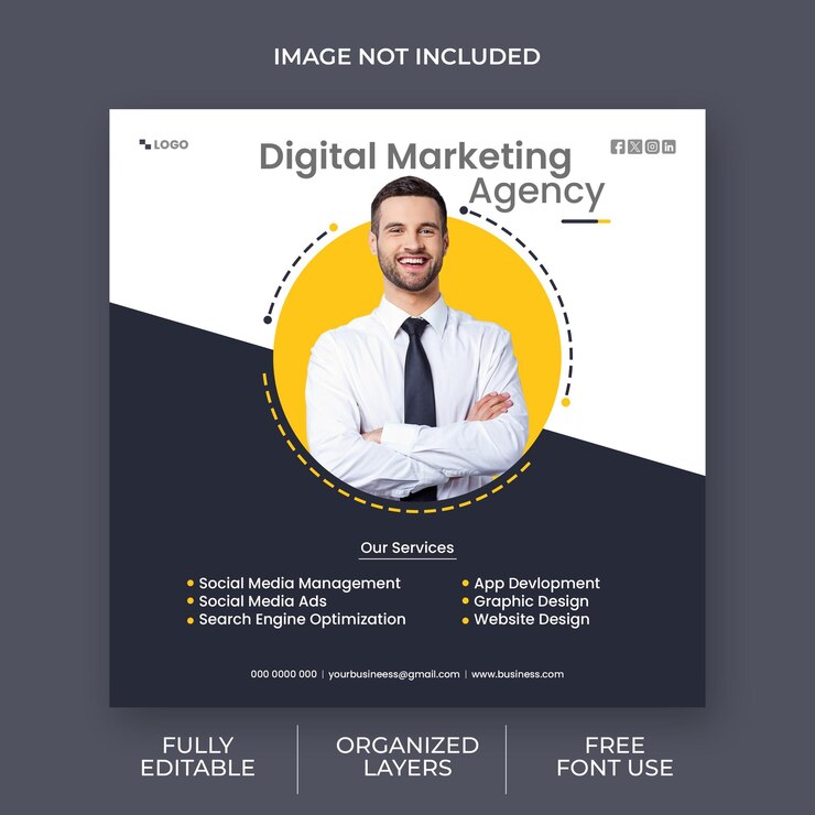 un cartel para marketing digital con un hombre con corbata