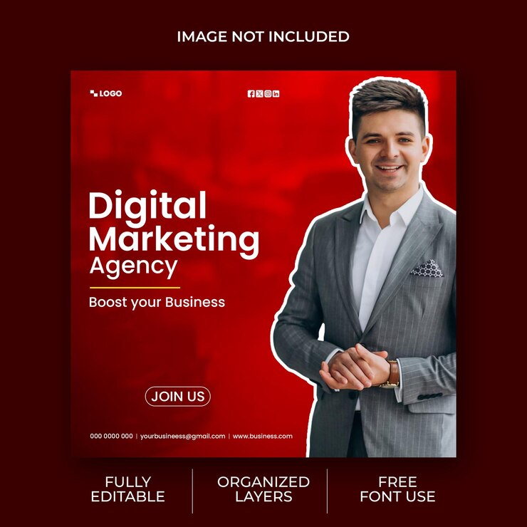 un cartel para el marketing digital con un hombre de pie delante de él