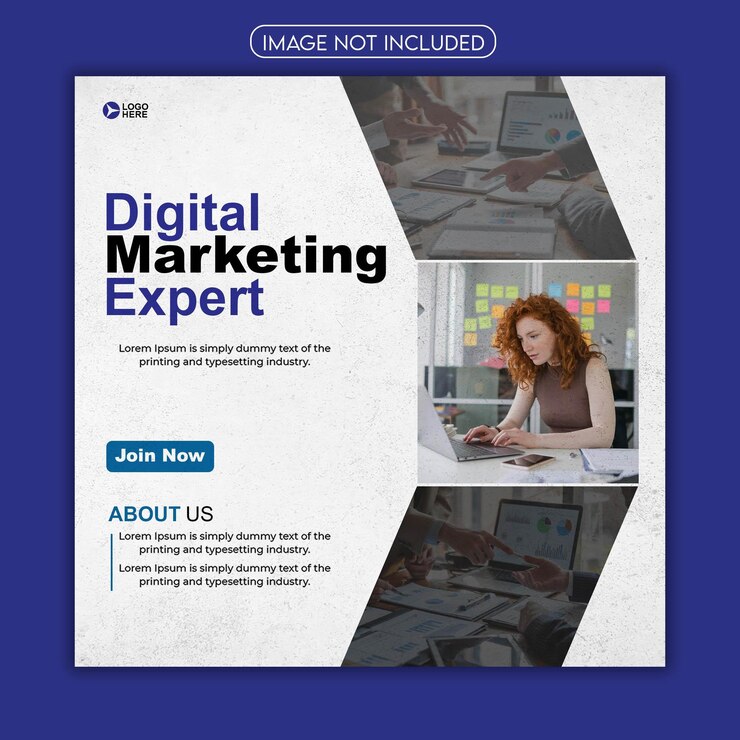 un cartel de marketing digital que muestra a una mujer trabajando con una computadora portátil