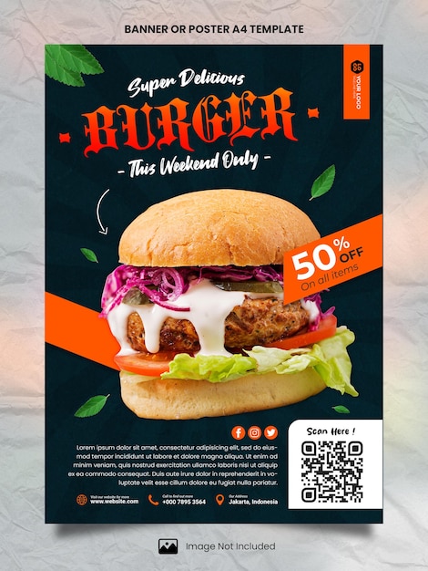 Cartel de menú de hamburguesas de restaurante a4 o plantilla de banner