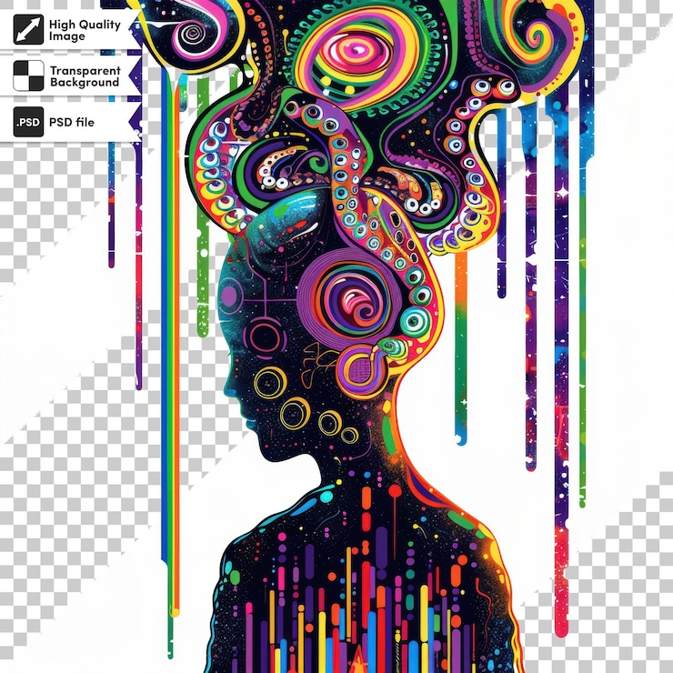 PSD un cartel de una mujer con cabello colorido y una imagen de una mujer de colores y coloridos