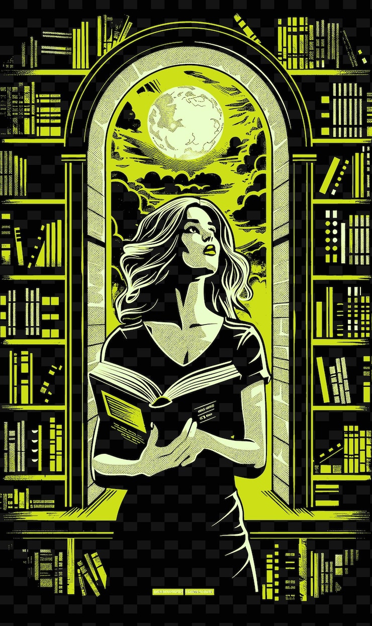 PSD un cartel de una mujer leyendo un libro con una luna en el fondo