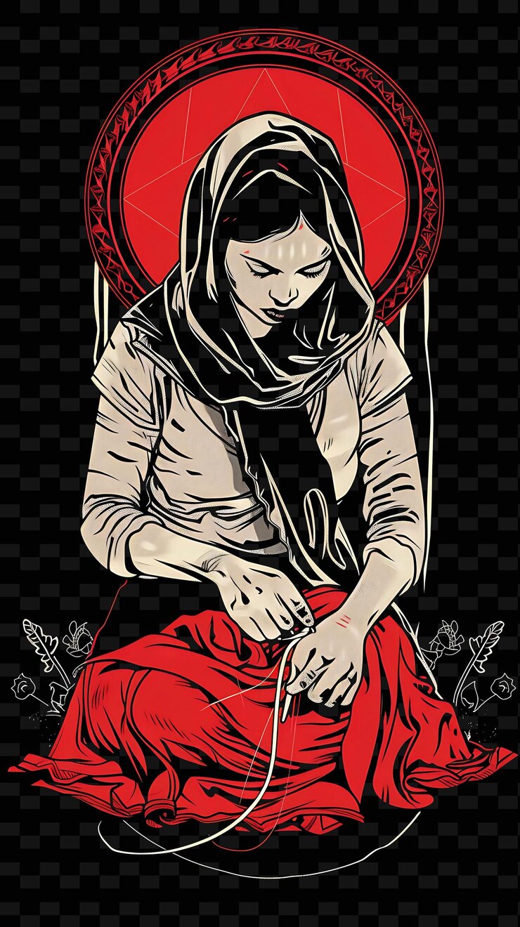 PSD un cartel para una mujer de rojo con un cuchillo en la mano