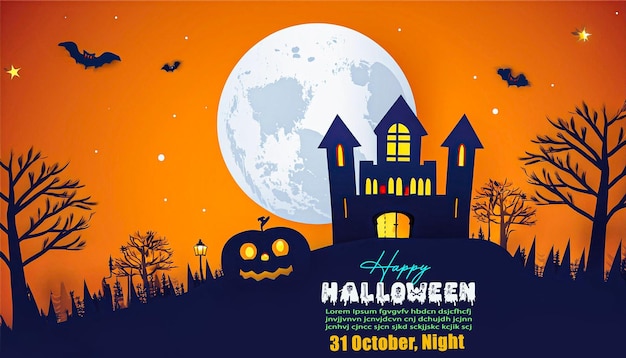 un cartel naranja para Halloween con una casa en el frente y la luna en la parte superior