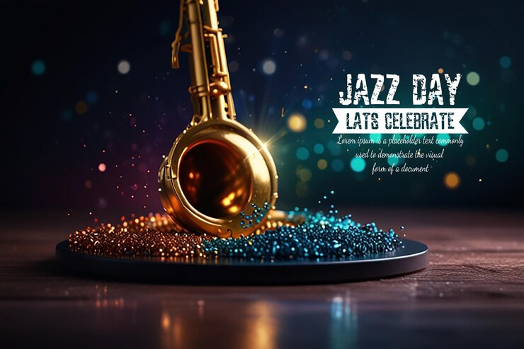 PSD cartel o pancarta del día internacional del jazz con saxofón e instrumentos musicales