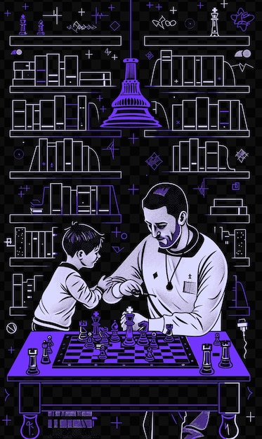 PSD un cartel para un padre y un hijo jugando al ajedrez con un hombre jugando el ajedrez
