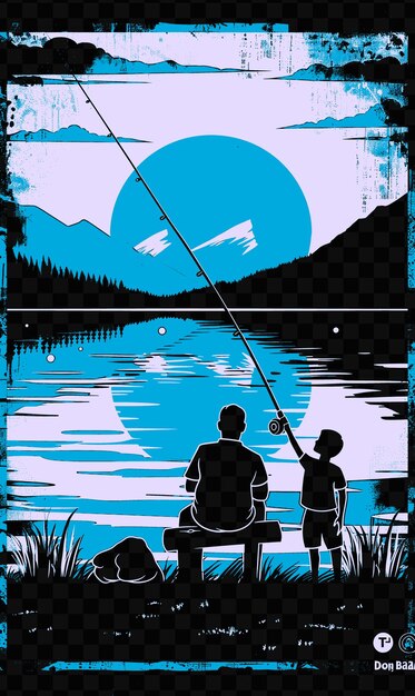 PSD un cartel para un padre y un hijo pescando en un lago