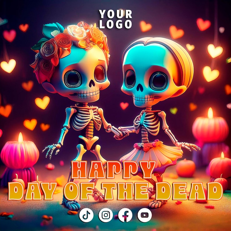 PSD un cartel para una pareja con esqueletos y corazones y las palabras feliz día de los muertos